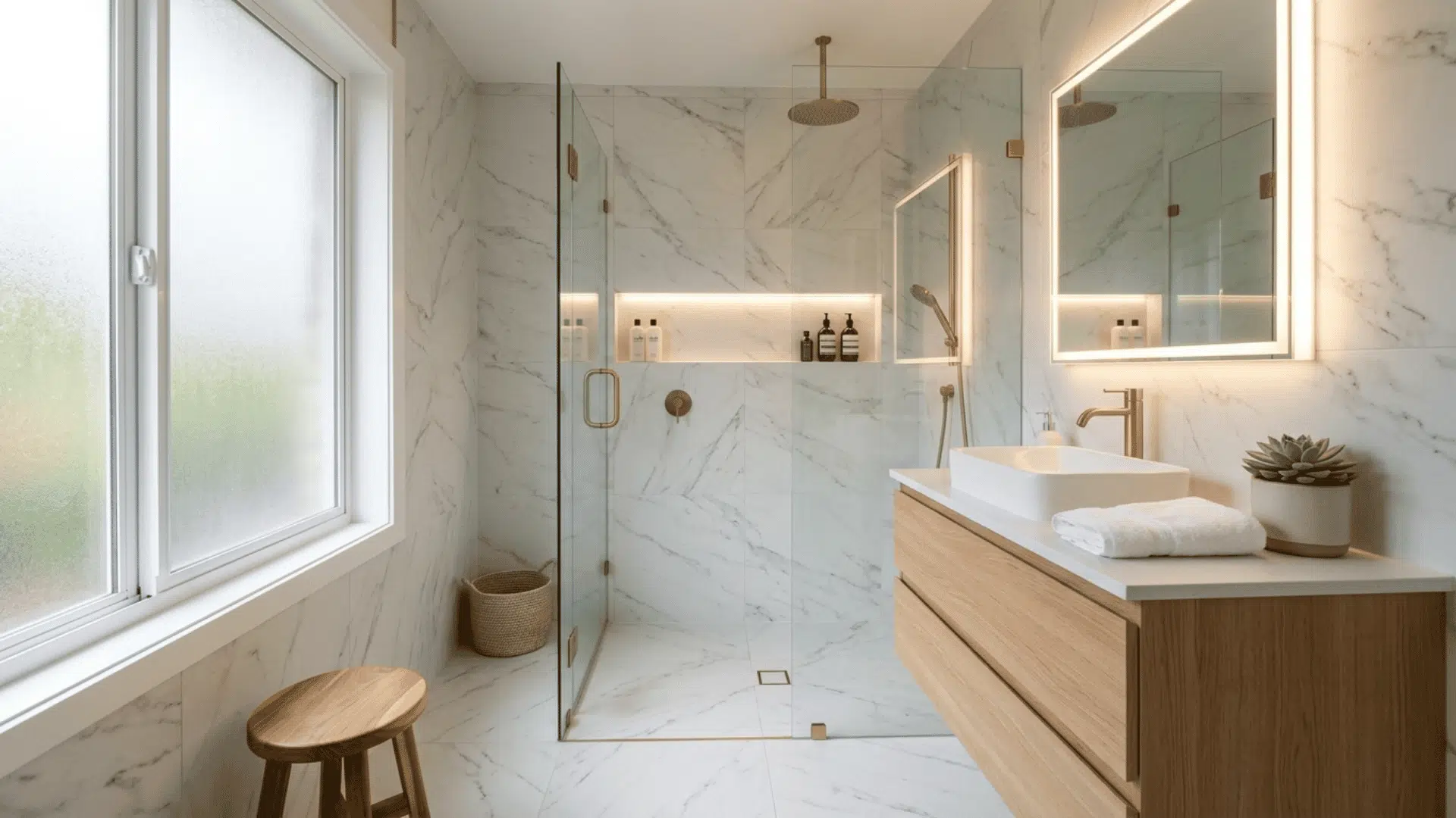 A bright marble bathroom with glass shower, wood vanity, lit mirror and window.