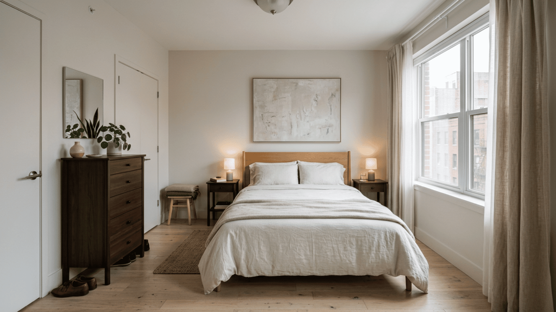Compact main bedroom with queen bed, nightstands, dresser, and large city window