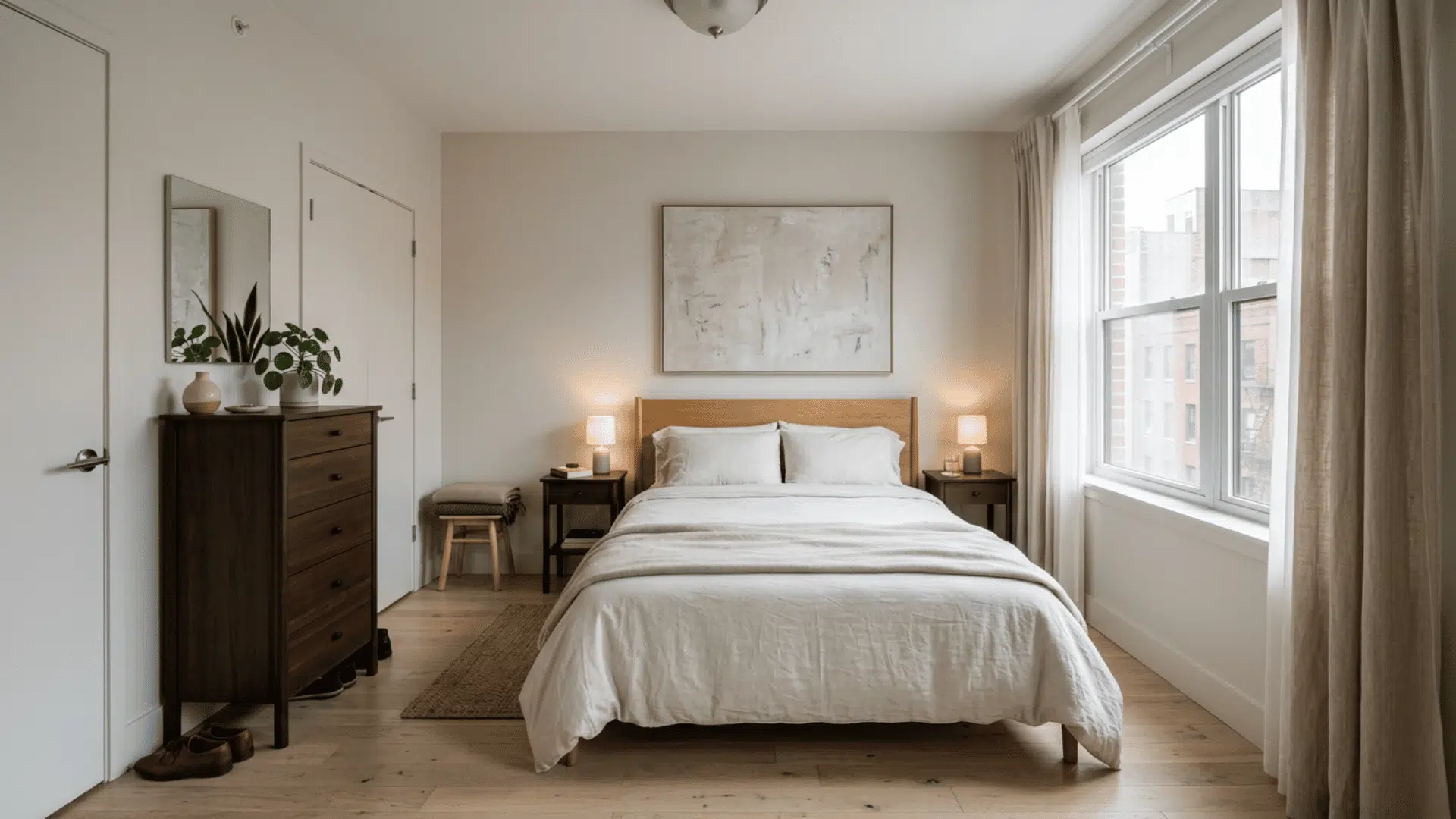 Compact main bedroom with queen bed, nightstands, dresser, and large city window