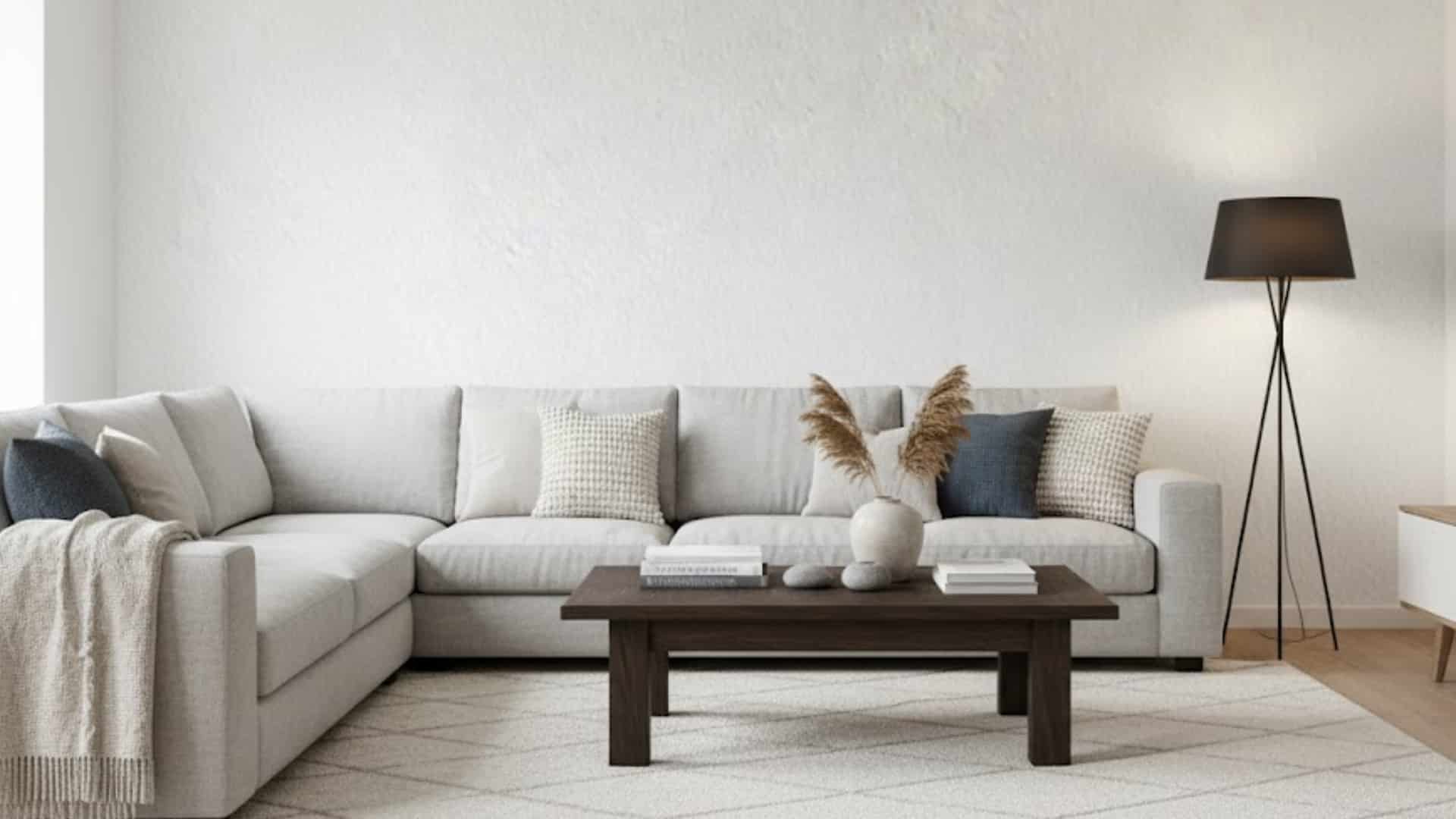 bright living room with white sectional sofa and smooth level 5 drywall finish