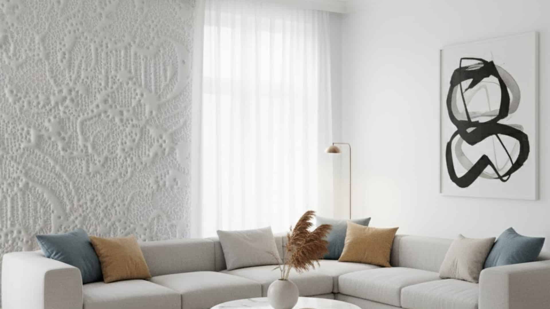 bright living room with white sectional and detailed spanish lace textured accent wall