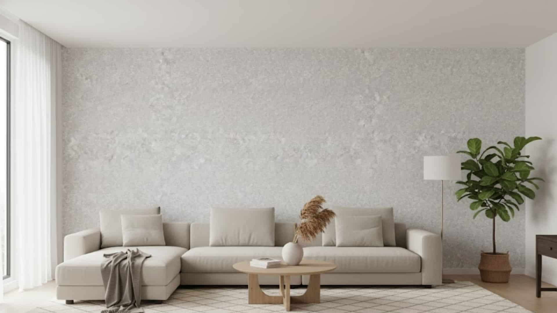 bright living room with cream sectional sofa and soft sponge textured gray wall