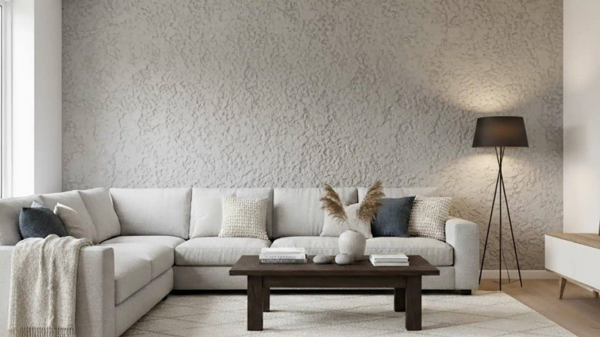modern living room with white sectional sofa and rough spray sand textured gray wall