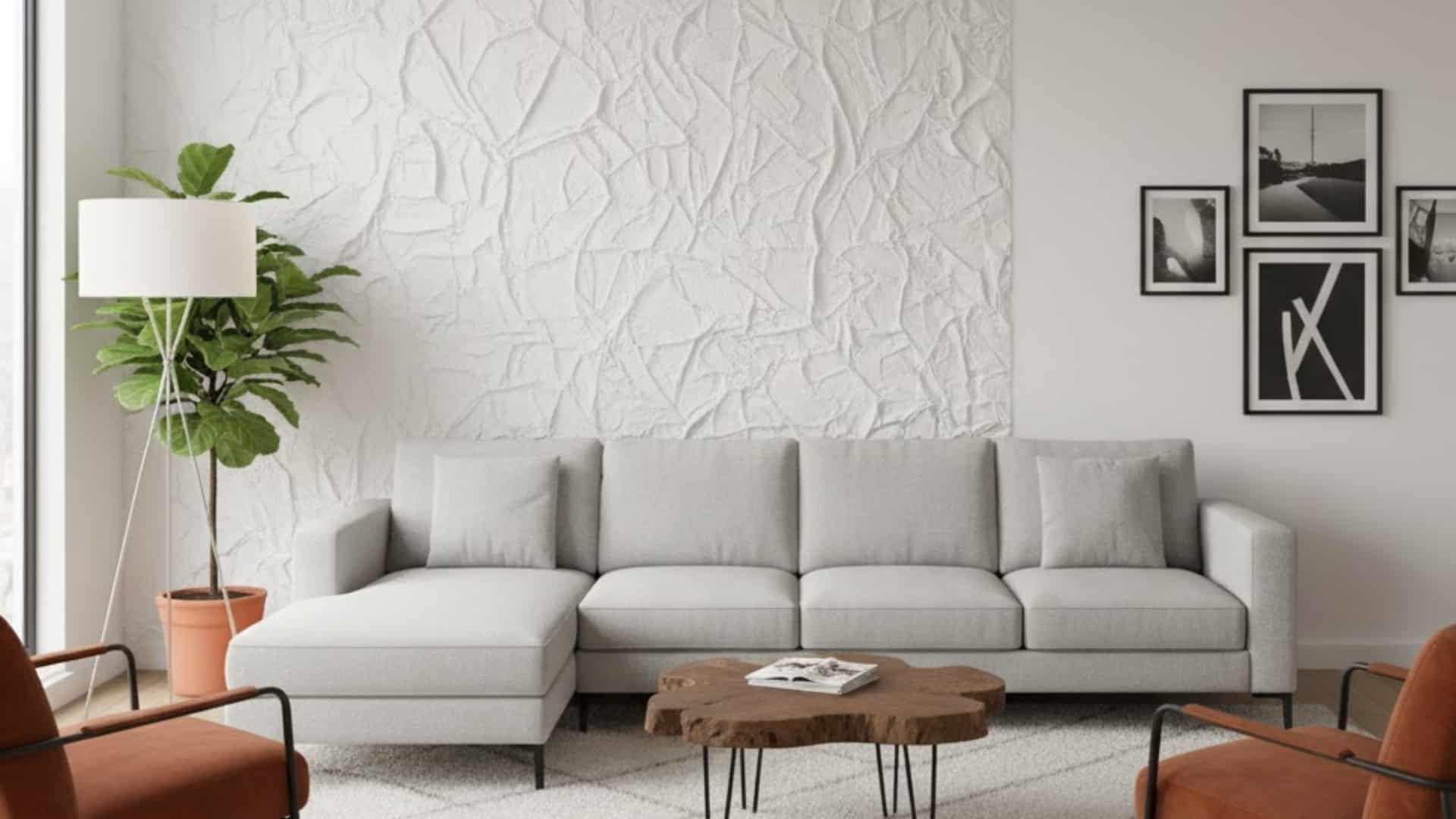 modern living room with gray sectional sofa and white stomp brush textured feature wall