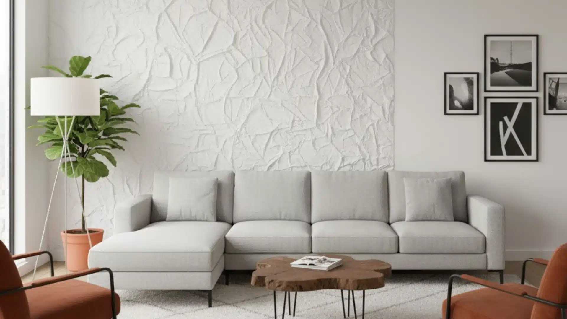 modern living room with gray sectional sofa and white stomp brush textured feature wall