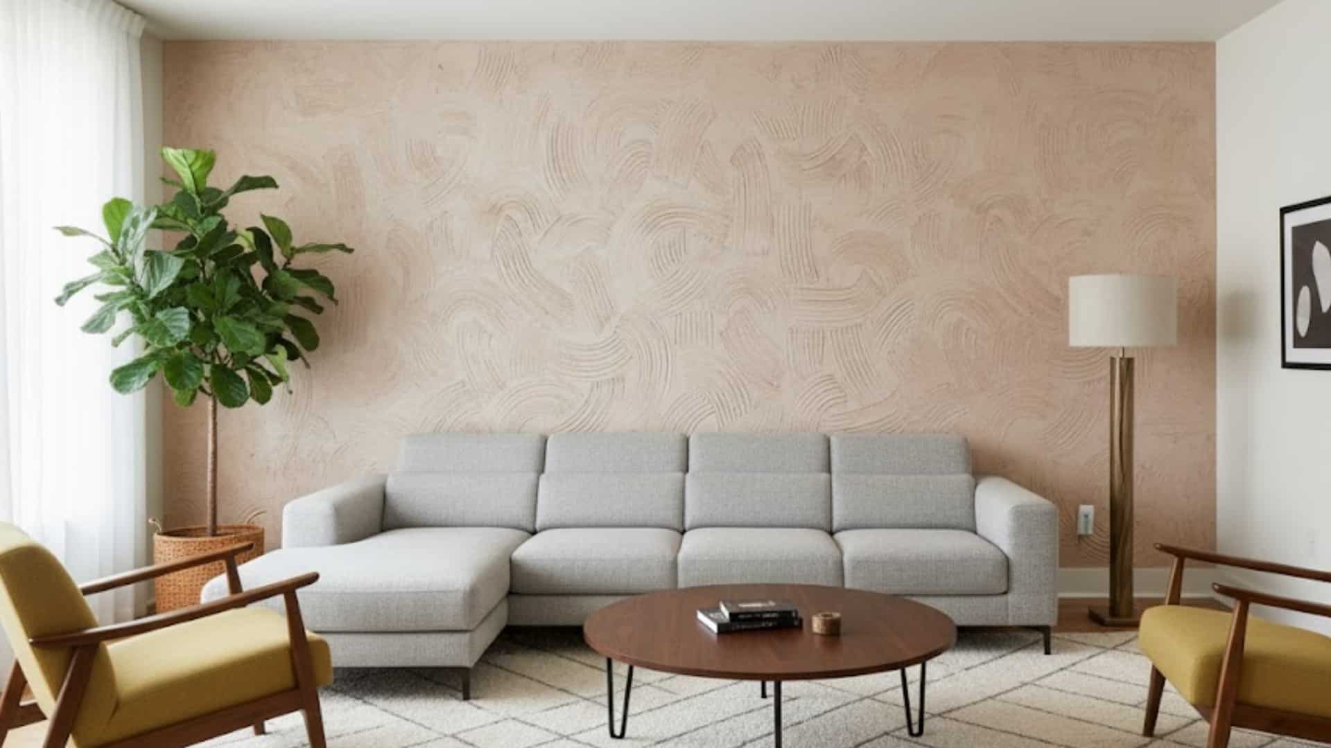 bright living room with gray sectional sofa and peach swirl textured accent wall