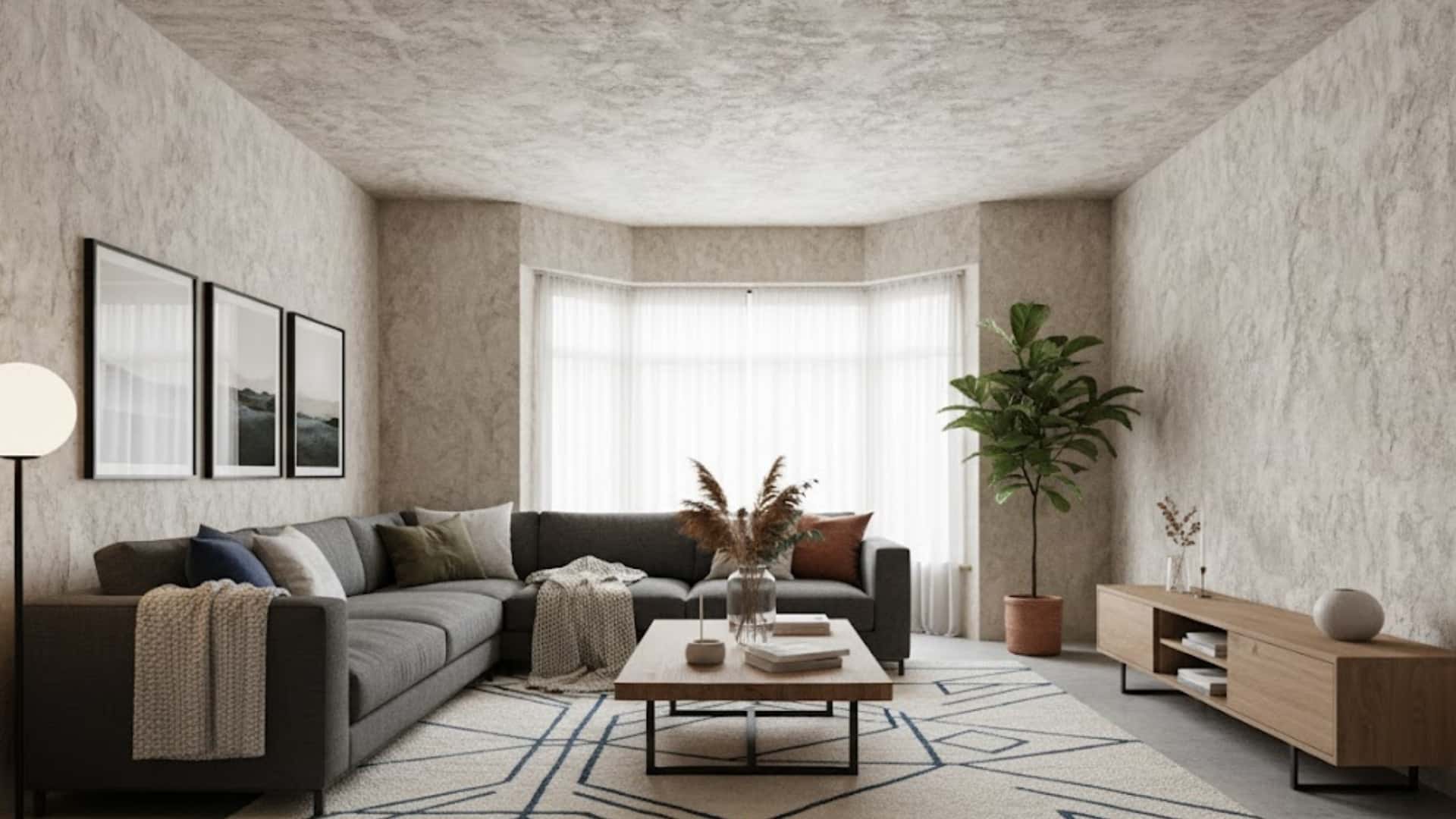 warm living room with gray sectional and natural textured lime wall between windows