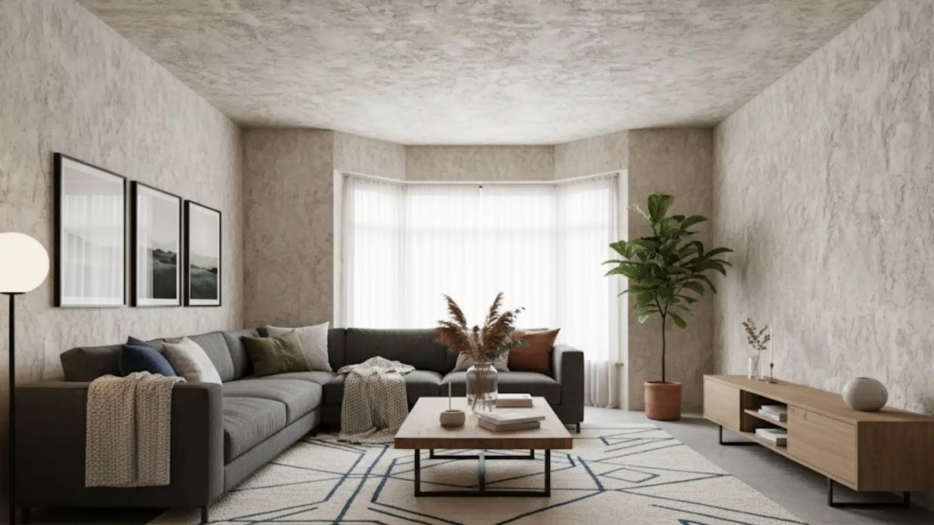 warm living room with gray sectional and natural textured lime wall between windows