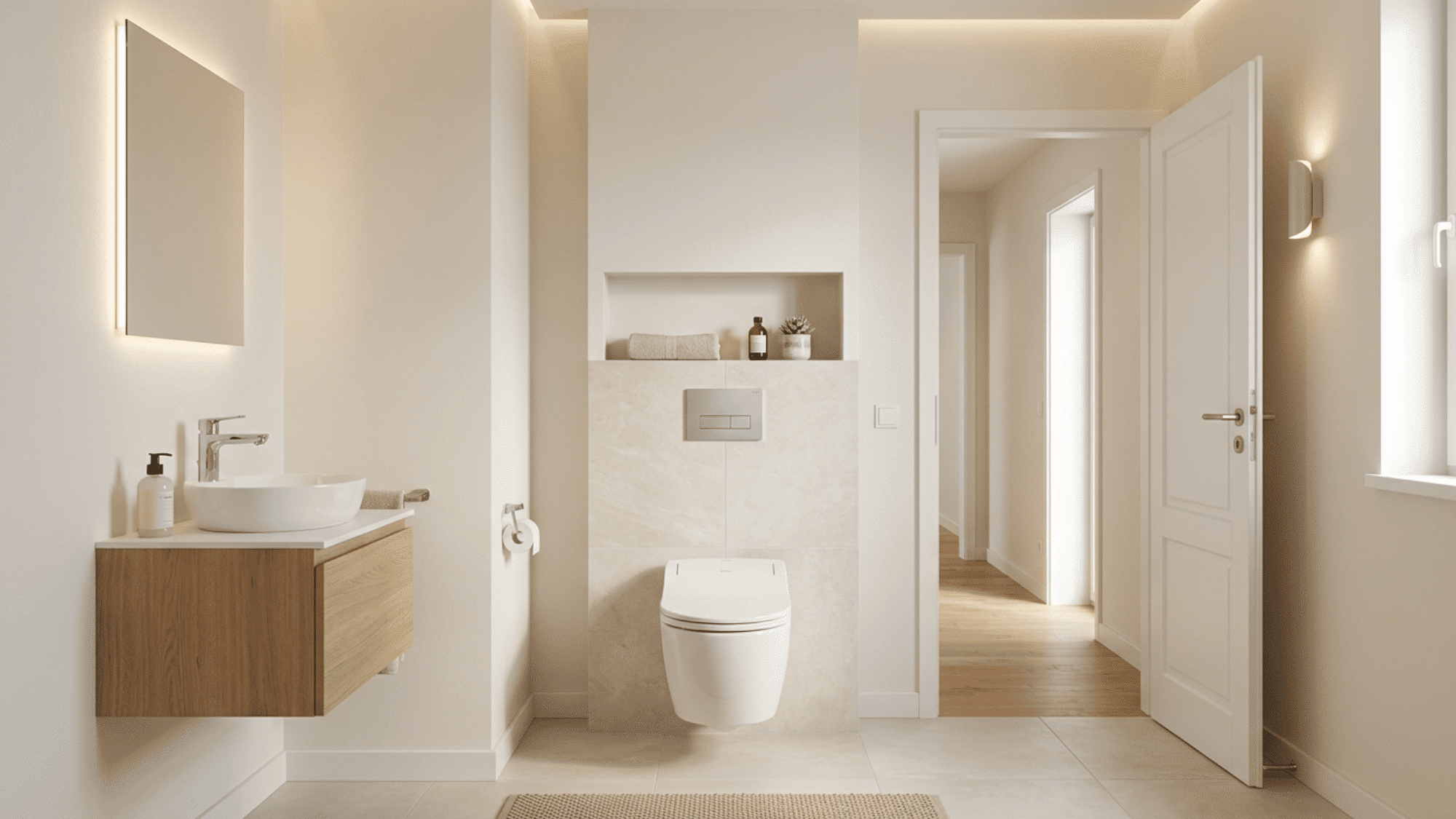 Modern toilet room with wall-hung toilet, floating vanity, and open doorway