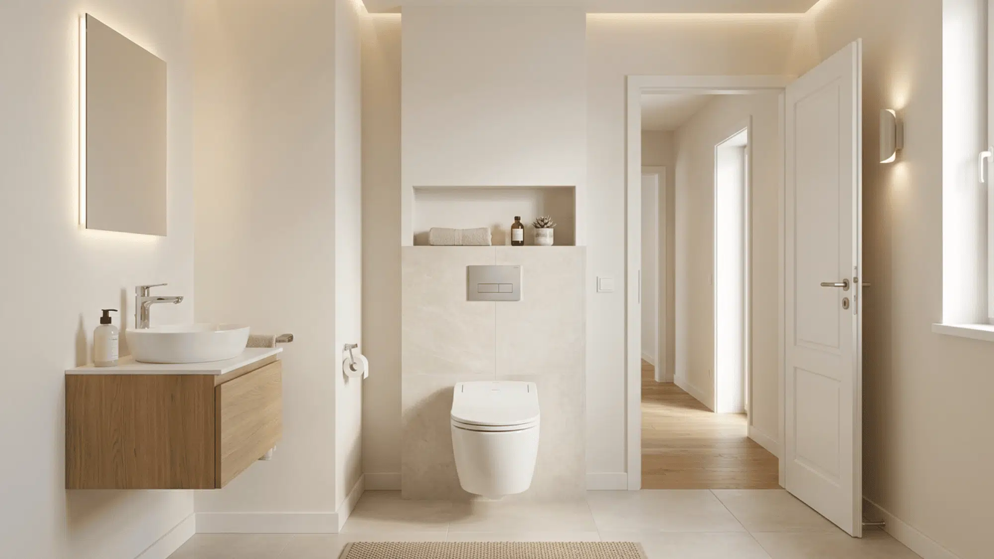 Modern toilet room with wall-hung toilet, floating vanity, and open doorway