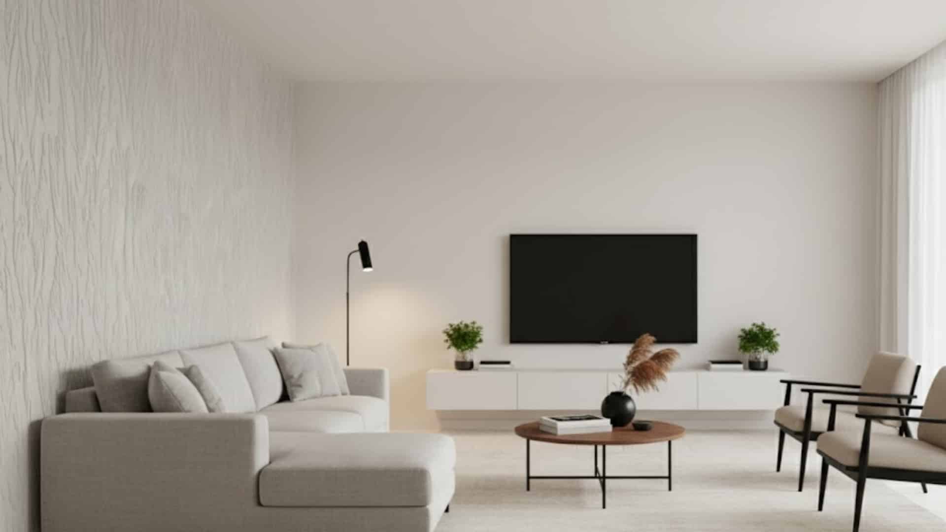 minimalist living room with white sectional sofa and vertical tree bark textured wall