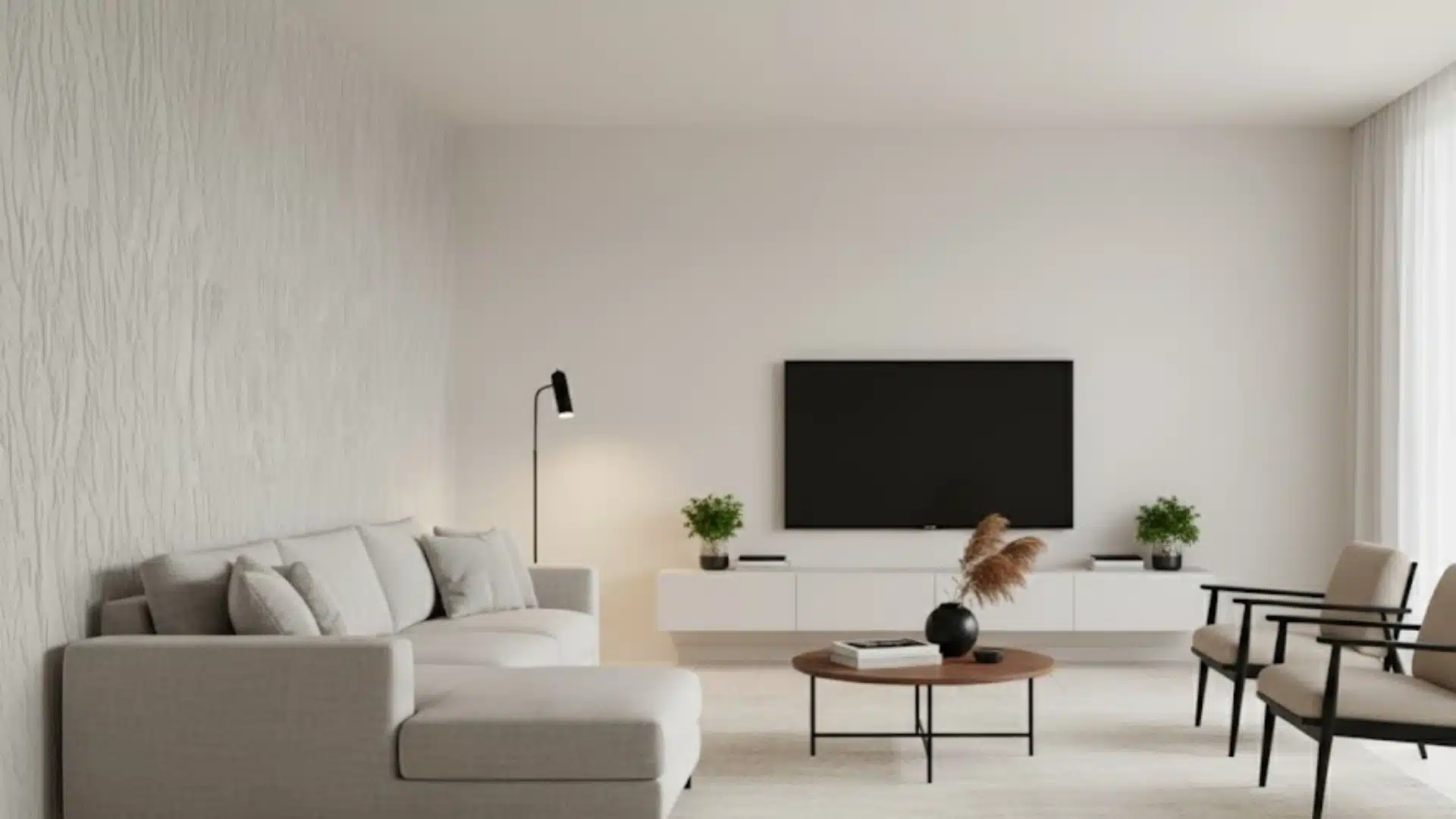 minimalist living room with white sectional sofa and vertical tree bark textured wall