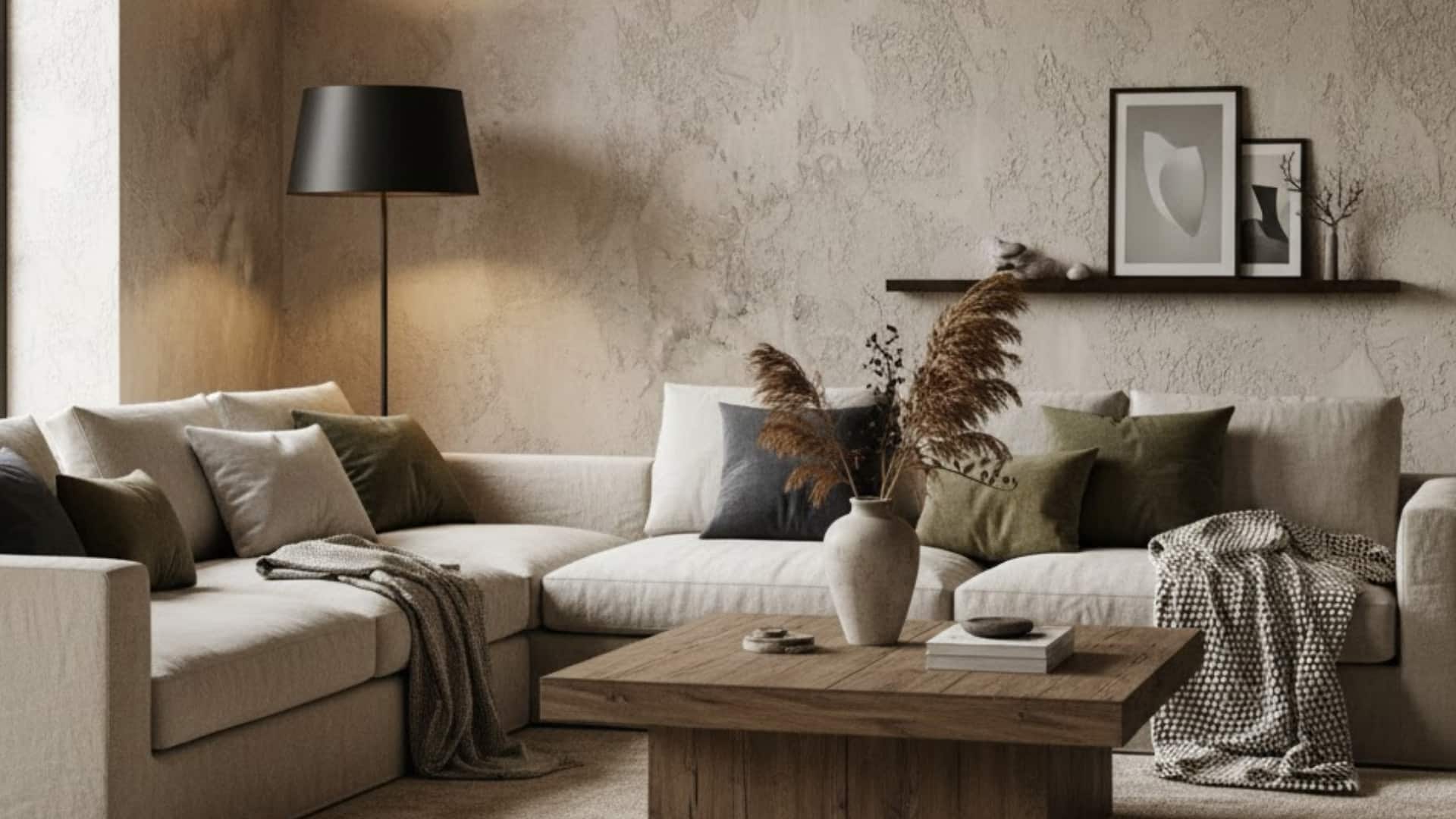 cozy living room with cream sectional sofa and smooth venetian textured walls