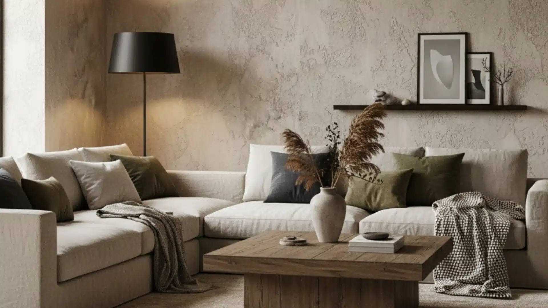 cozy living room with cream sectional sofa and smooth venetian textured walls