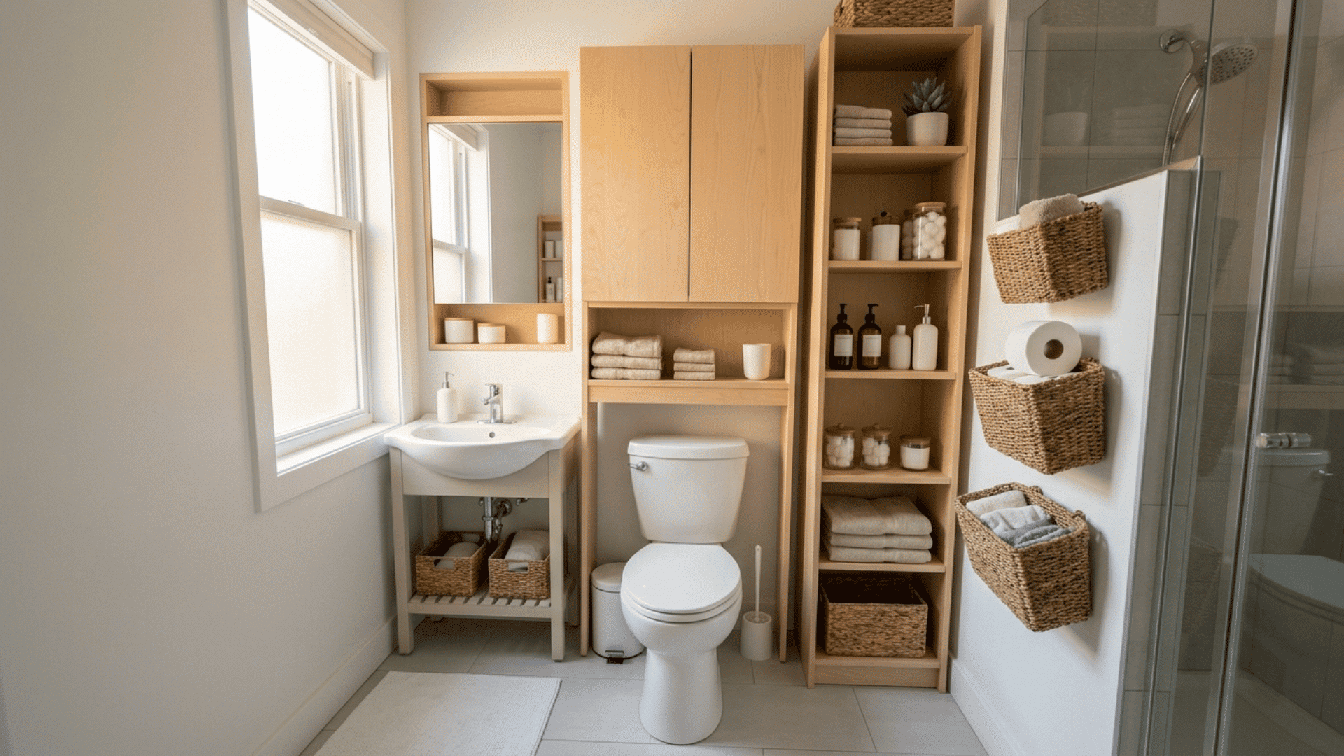 small bathroom with tall wood shelves, cabinet, baskets, towels, sink and toilet