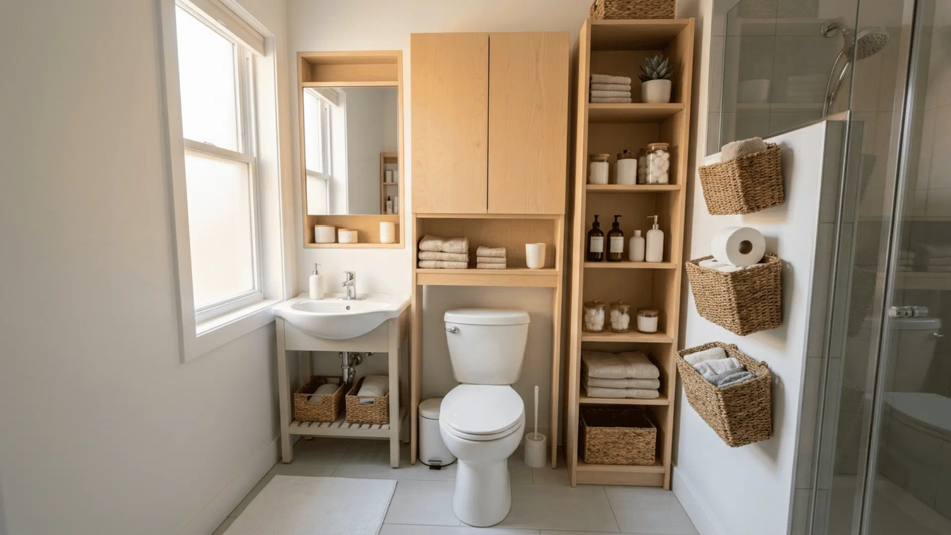 small bathroom with tall wood shelves, cabinet, baskets, towels, sink and toilet