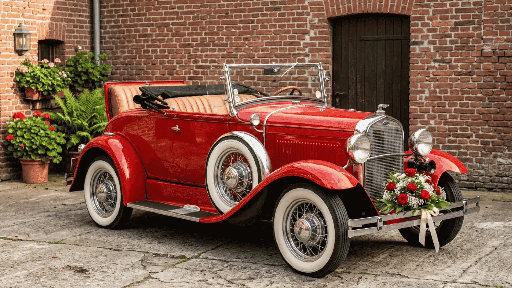 Red vintage car parked beside a brick wall with classic whitewall tires.