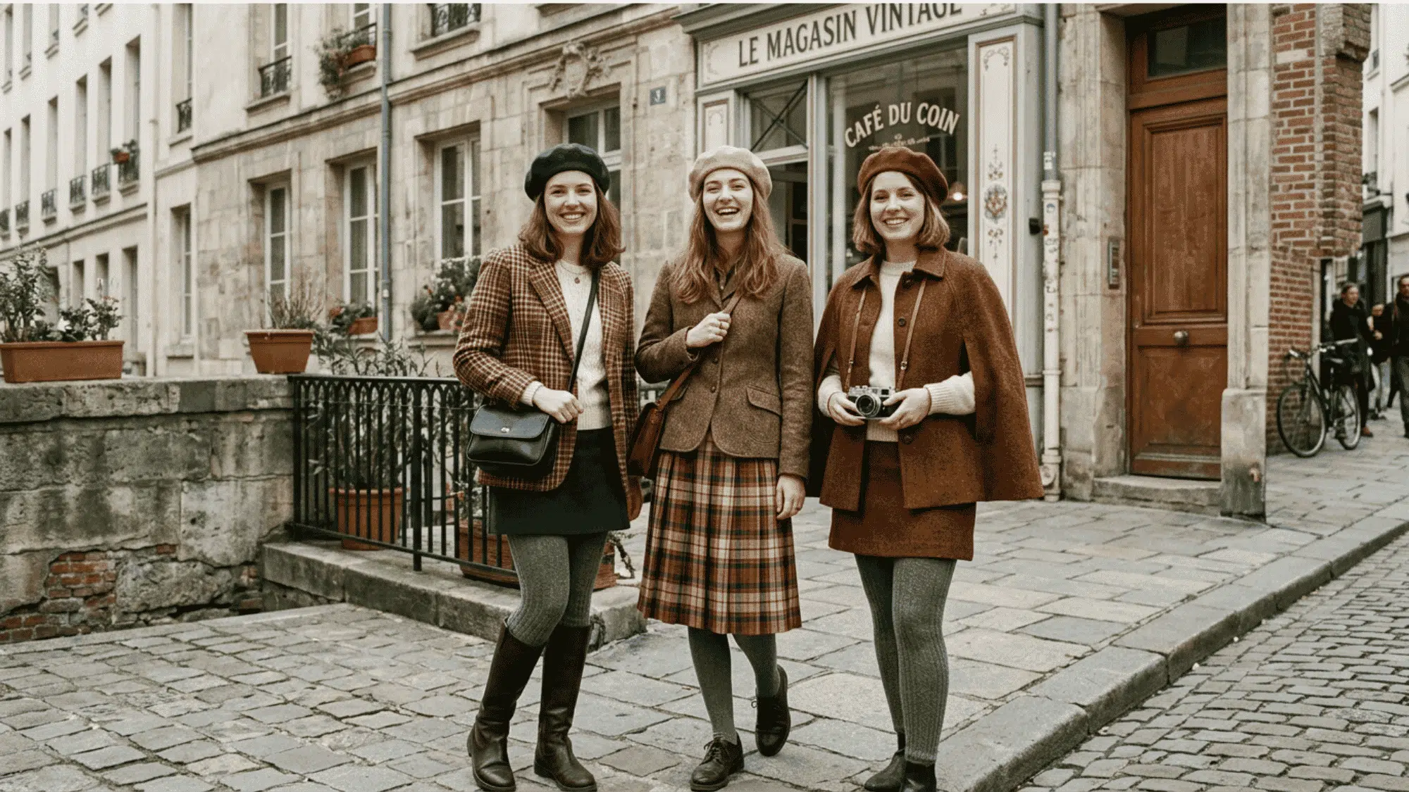 Three women wearing vintage-style outfits on a cobblestone street.