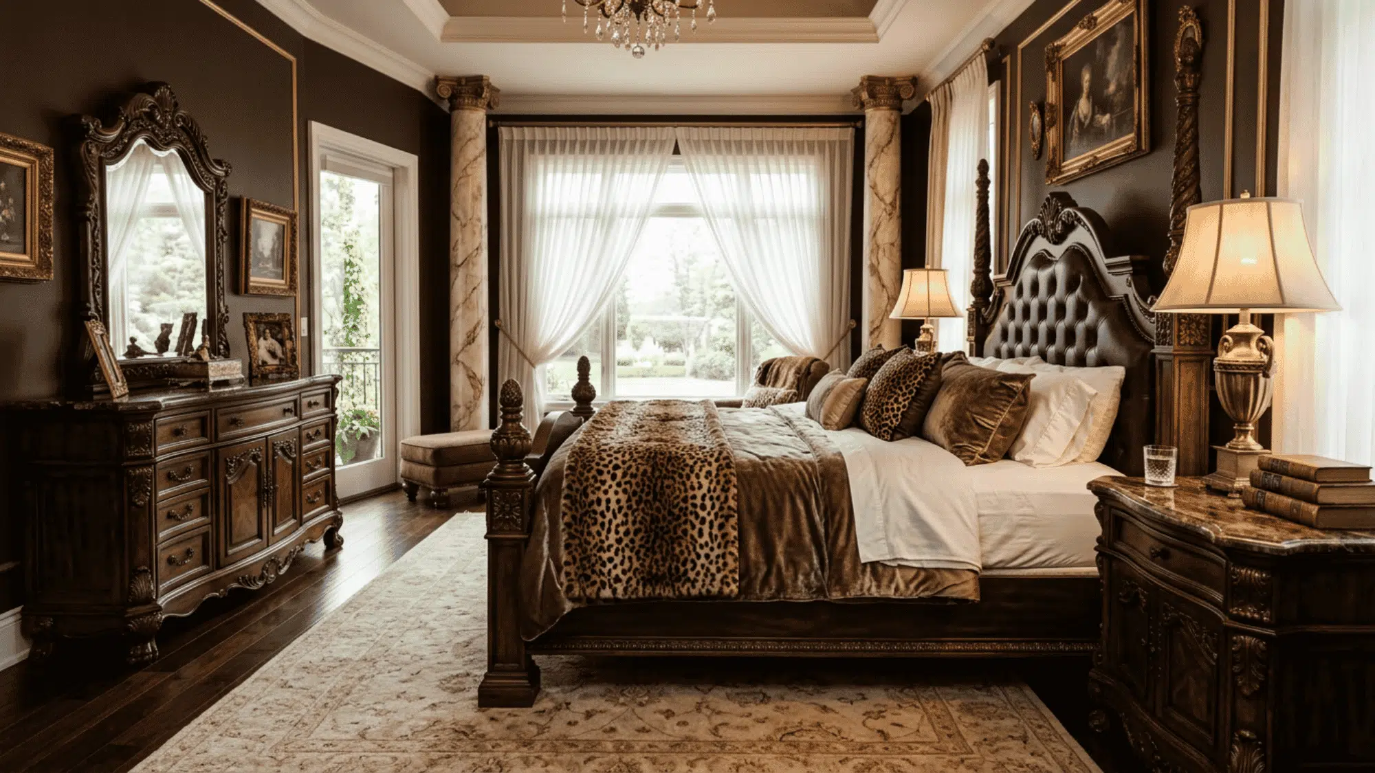 Vintage bedroom with carved wooden furniture, warm lighting, and ornate decor.
