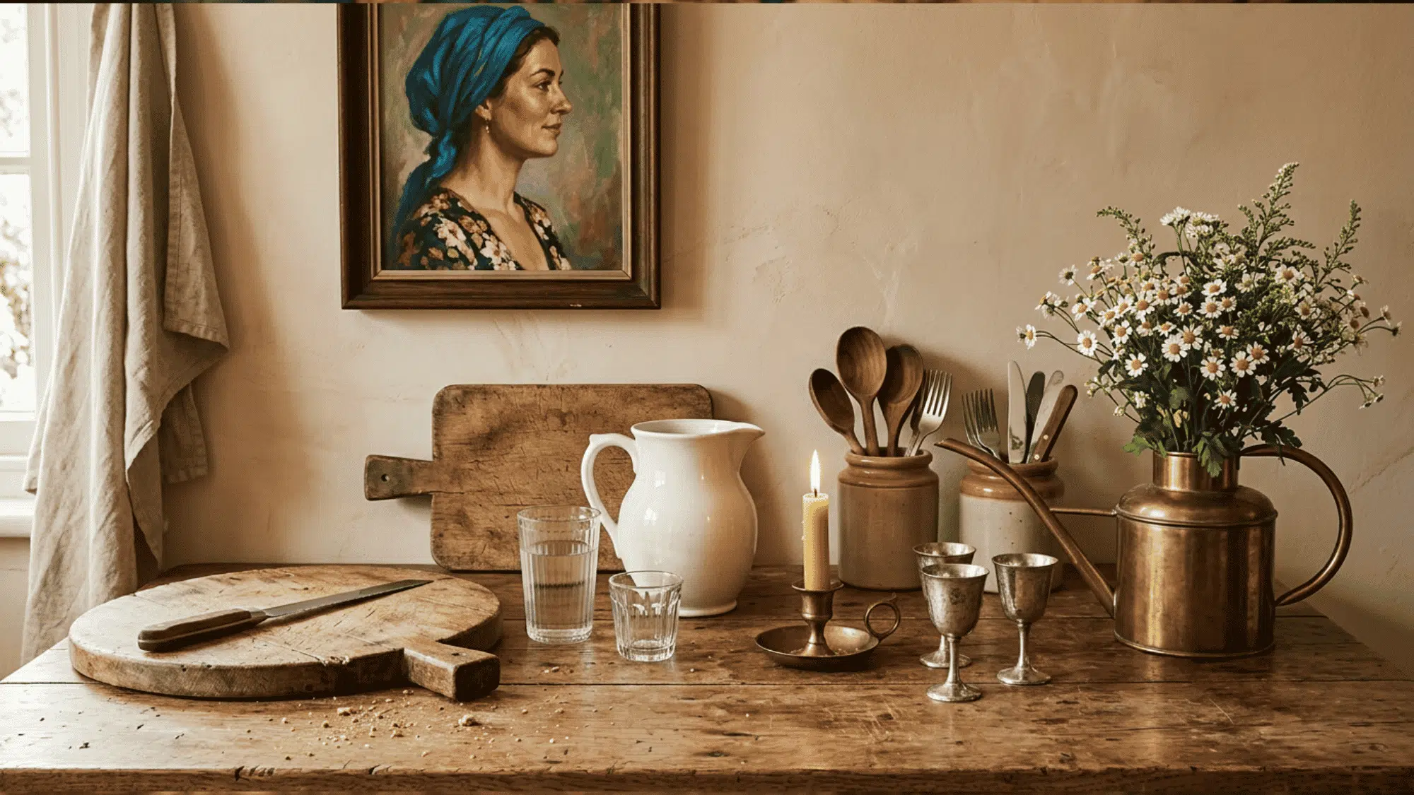 Vintage tabletop decor with wooden boards, portrait painting, candle, glassware, and white pitcher