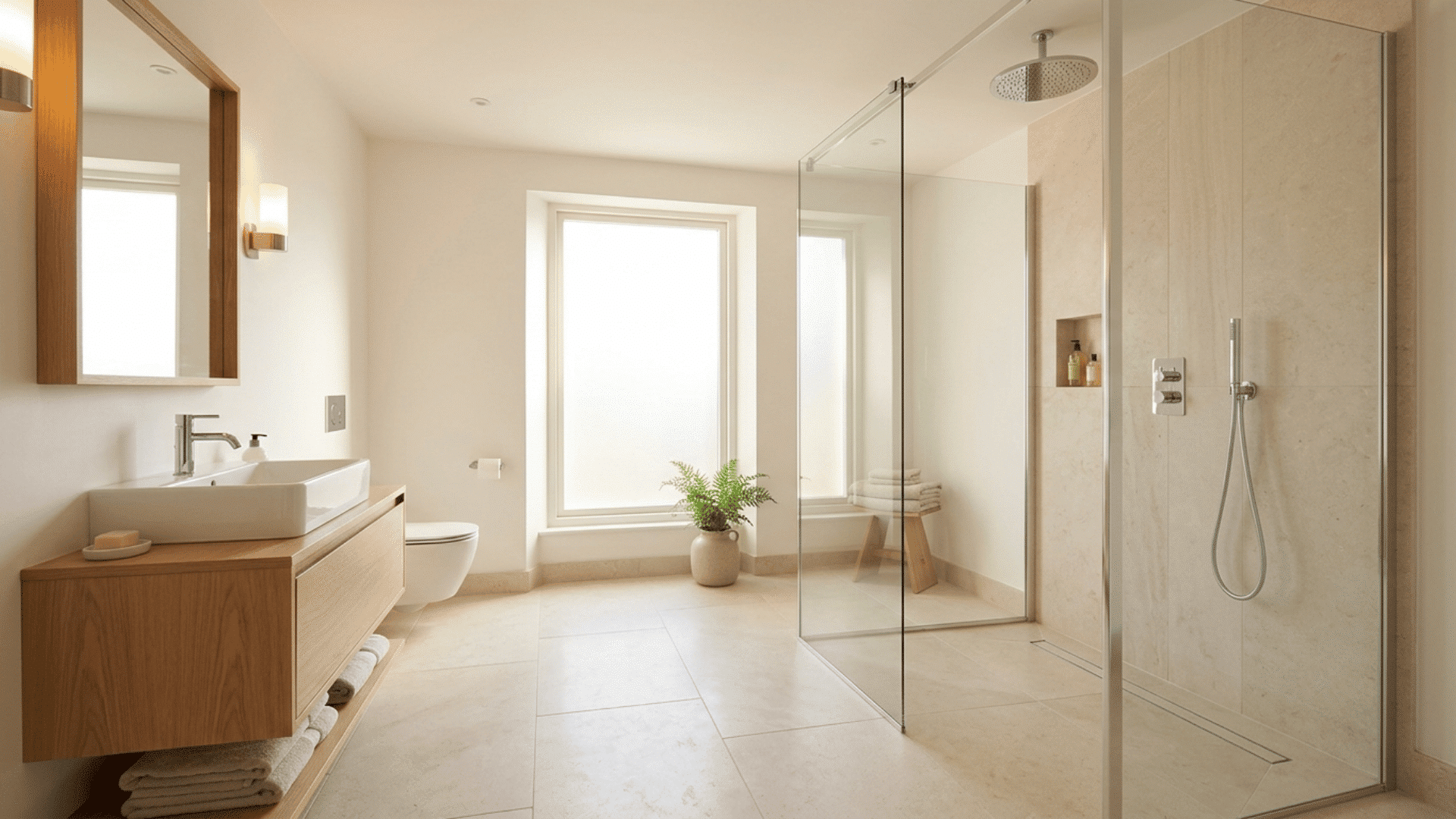 bright bathroom with walk-in glass shower, wood vanity, toilet, and large window