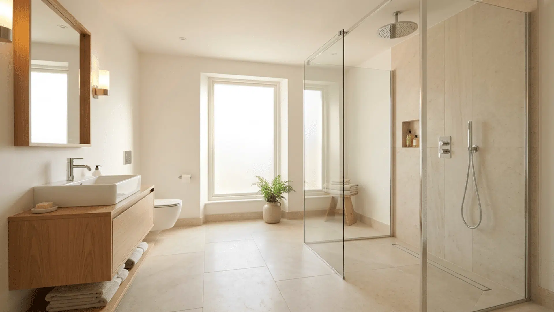 bright bathroom with walk-in glass shower, wood vanity, toilet, and large window