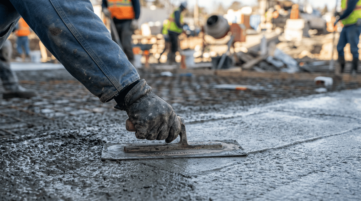 worker smoothing wet concrete during residential slab installation