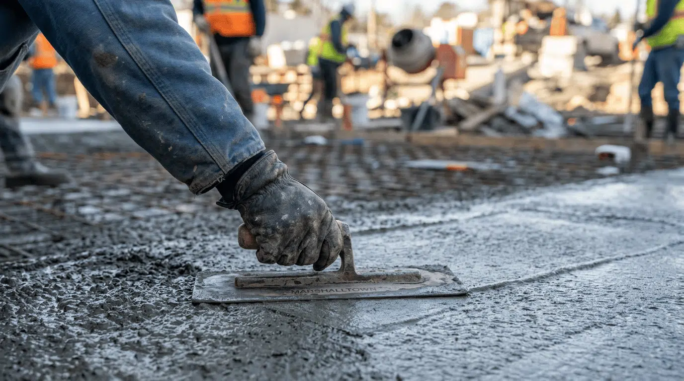 worker smoothing wet concrete during residential slab installation