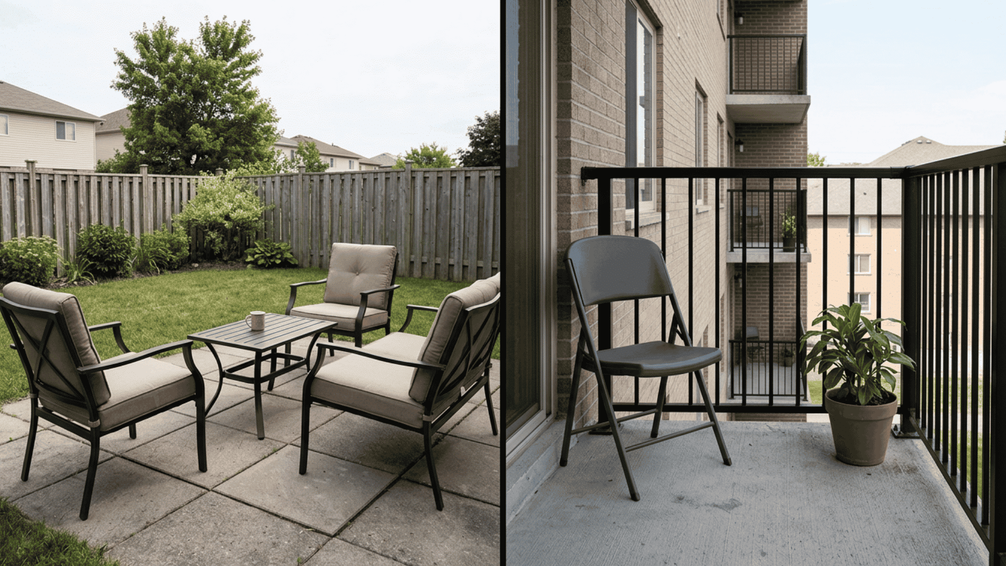 Backyard patio with seating set next to a small apartment balcony with folding chair