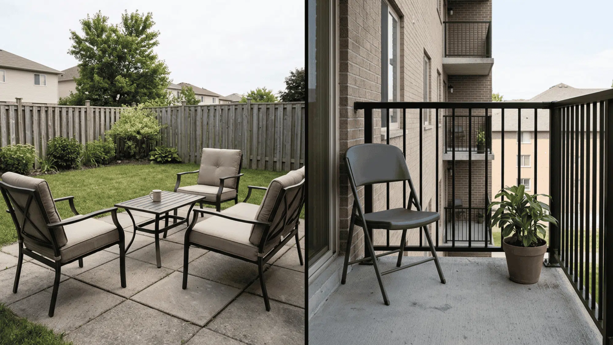 Backyard patio with seating set next to a small apartment balcony with folding chair