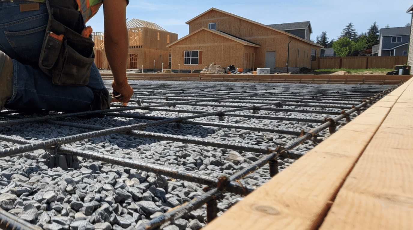 residential slab foundation with rebar ready for concrete installation