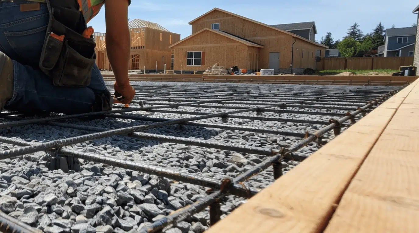 residential slab foundation with rebar ready for concrete installation