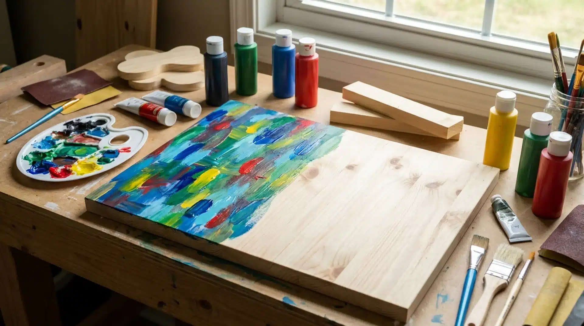 Colorful acrylic paint applied to a wooden board with brushes and paint supplies