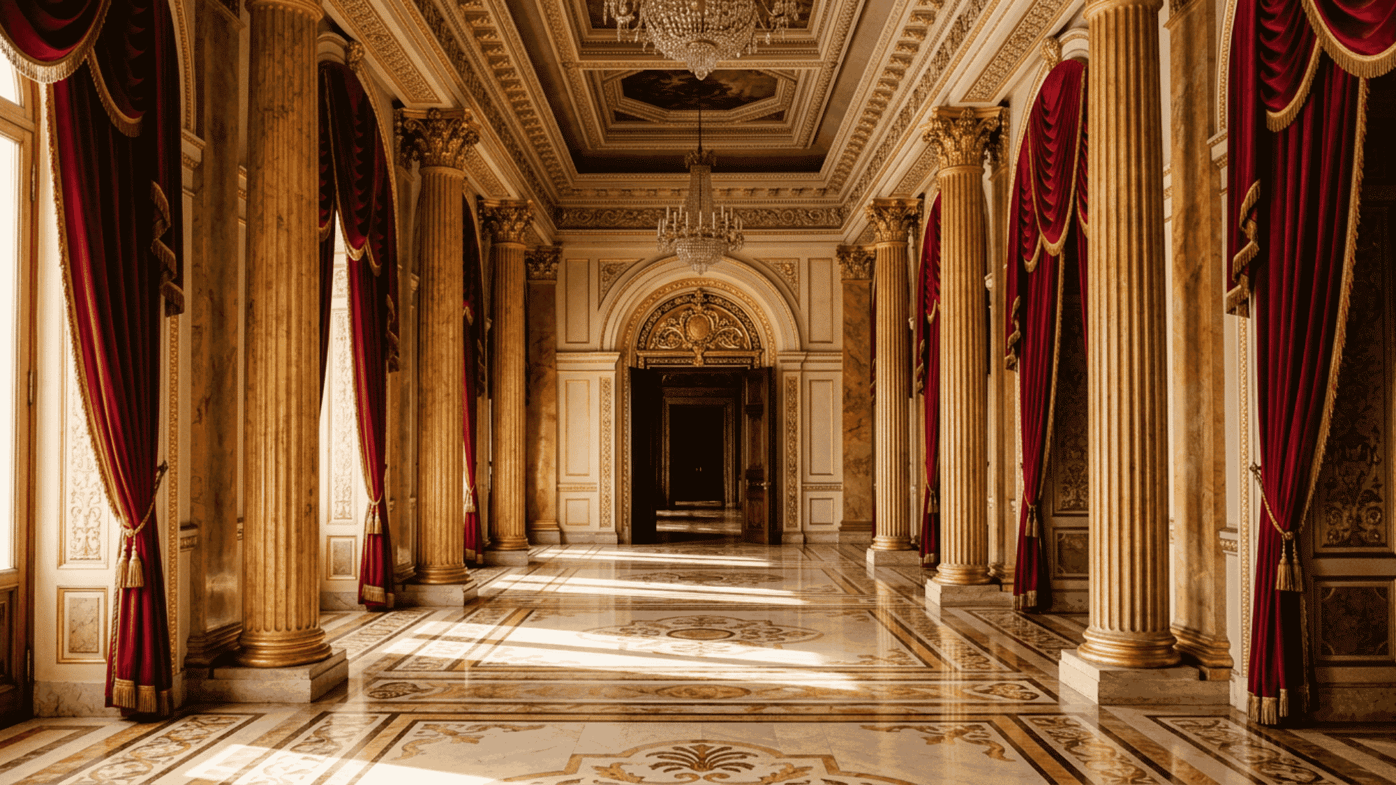 Elegant European architectural interior featuring grand columns, arches, marble flooring, and ornate classical design details.