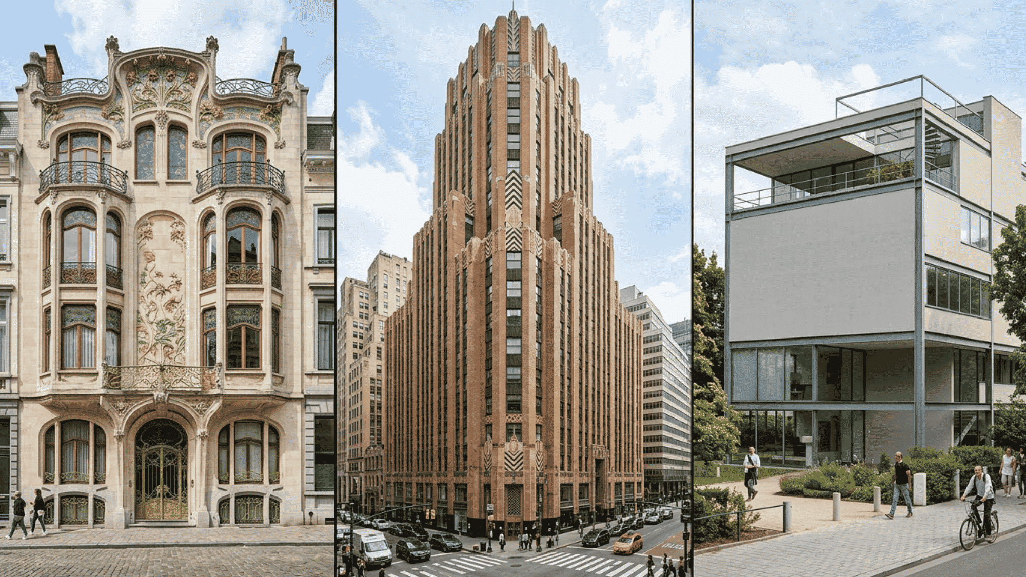 Art Nouveau, Art Deco, and Modernist buildings comparing ornate, geometric, and minimalist designs.