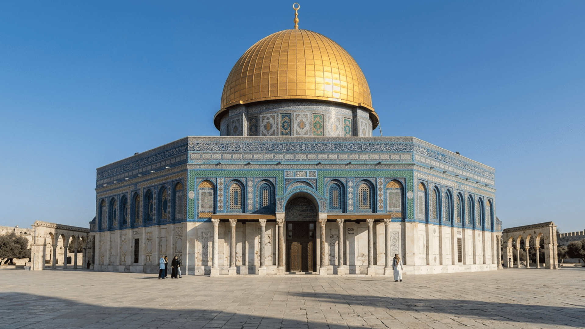 Dome of the Rock featuring a golden dome and detailed blue tilework