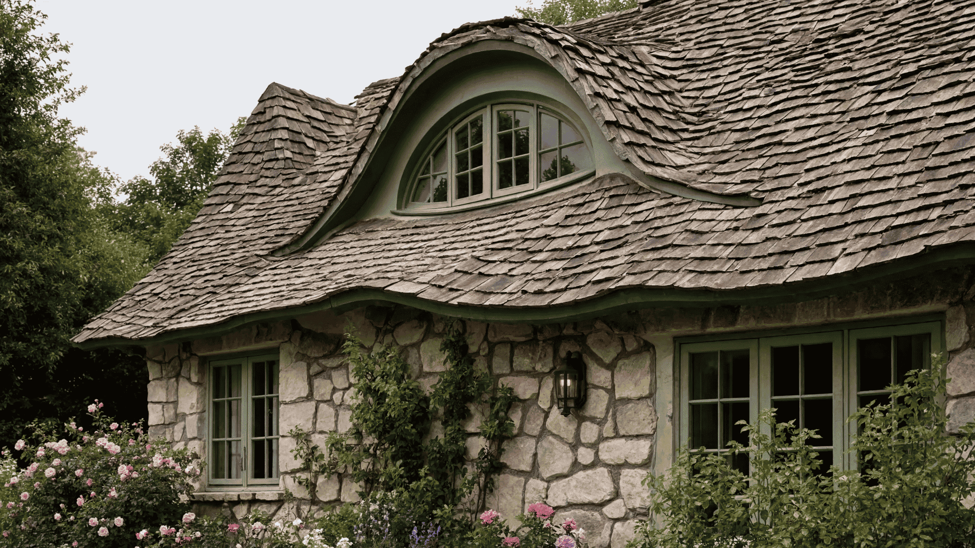Curved eyebrow dormer blending smoothly into a cottage roofline
