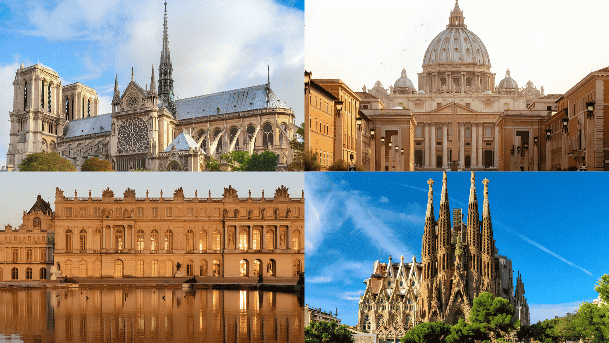 Collage of Notre-Dame, St. Peter's Basilica, Louvre Palace, and Sagrada Fam&iacute;lia in Europe.