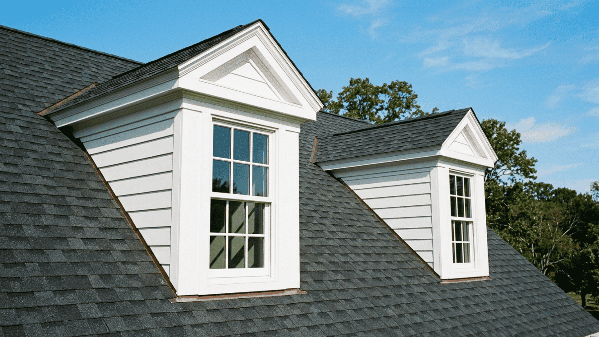 two flared gable dormers with tall windows on a dark shingle roof