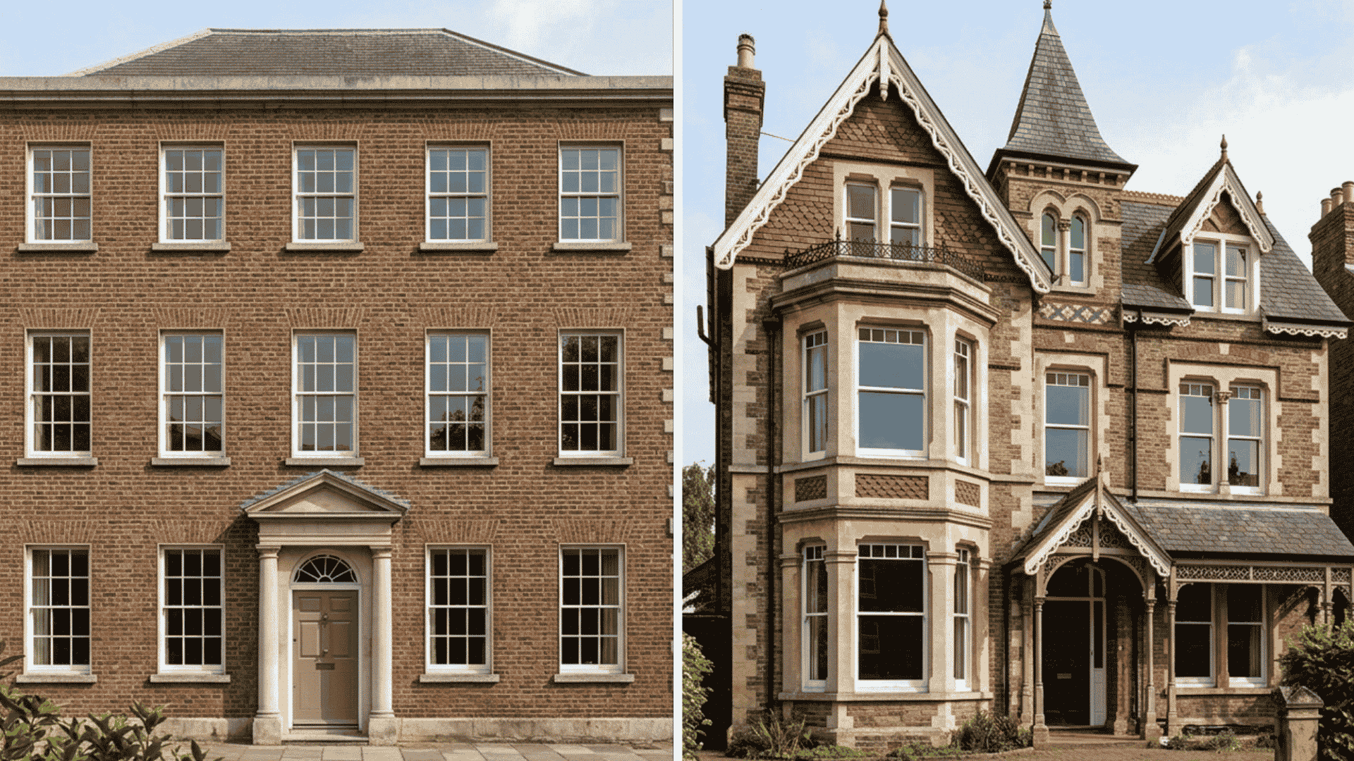 Georgian and Victorian homes compared, showing symmetry beside ornate details, towers, and bay windows.