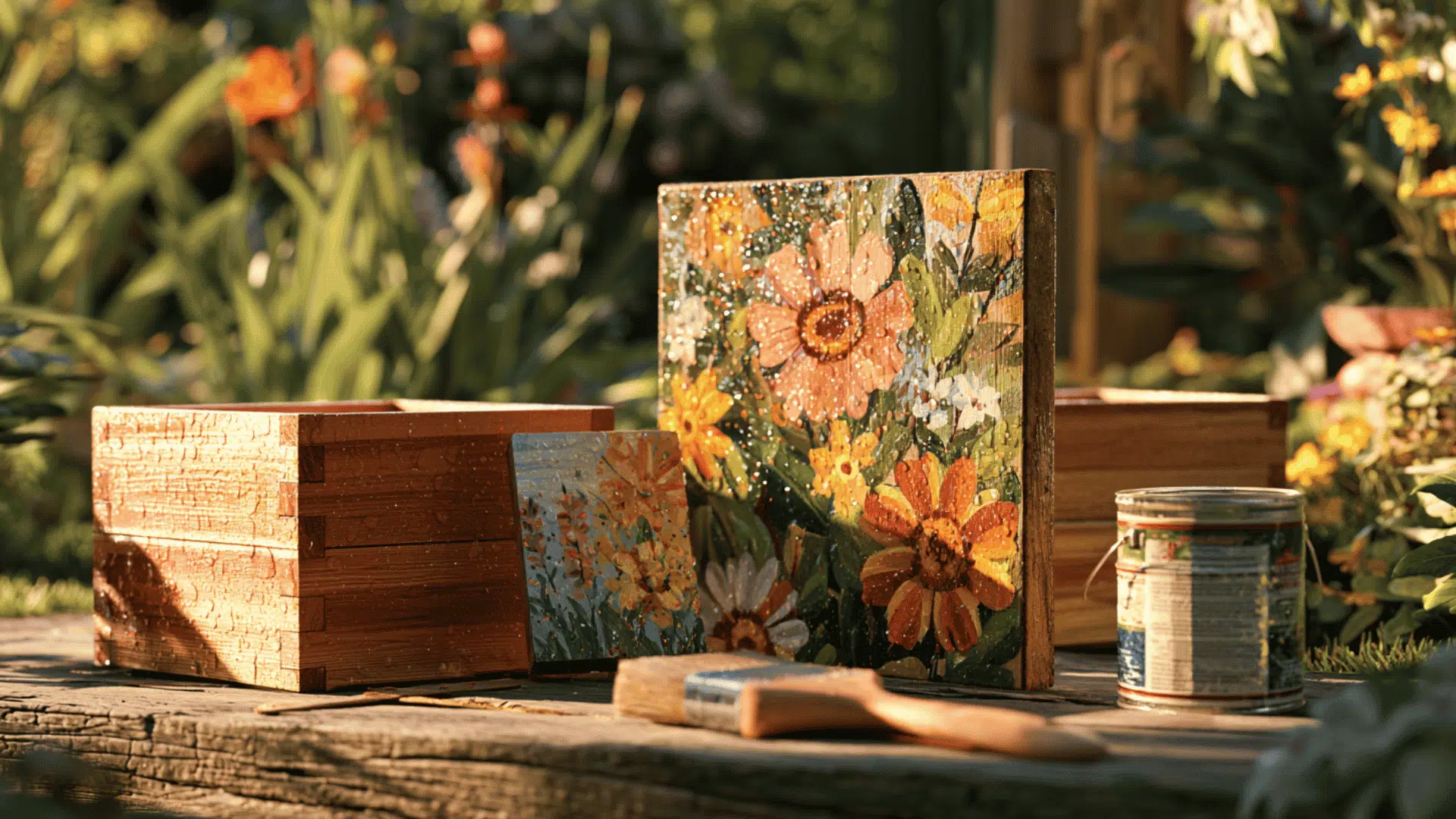 painted floral wood panels and planters with a sealer can in a sunny garden yard