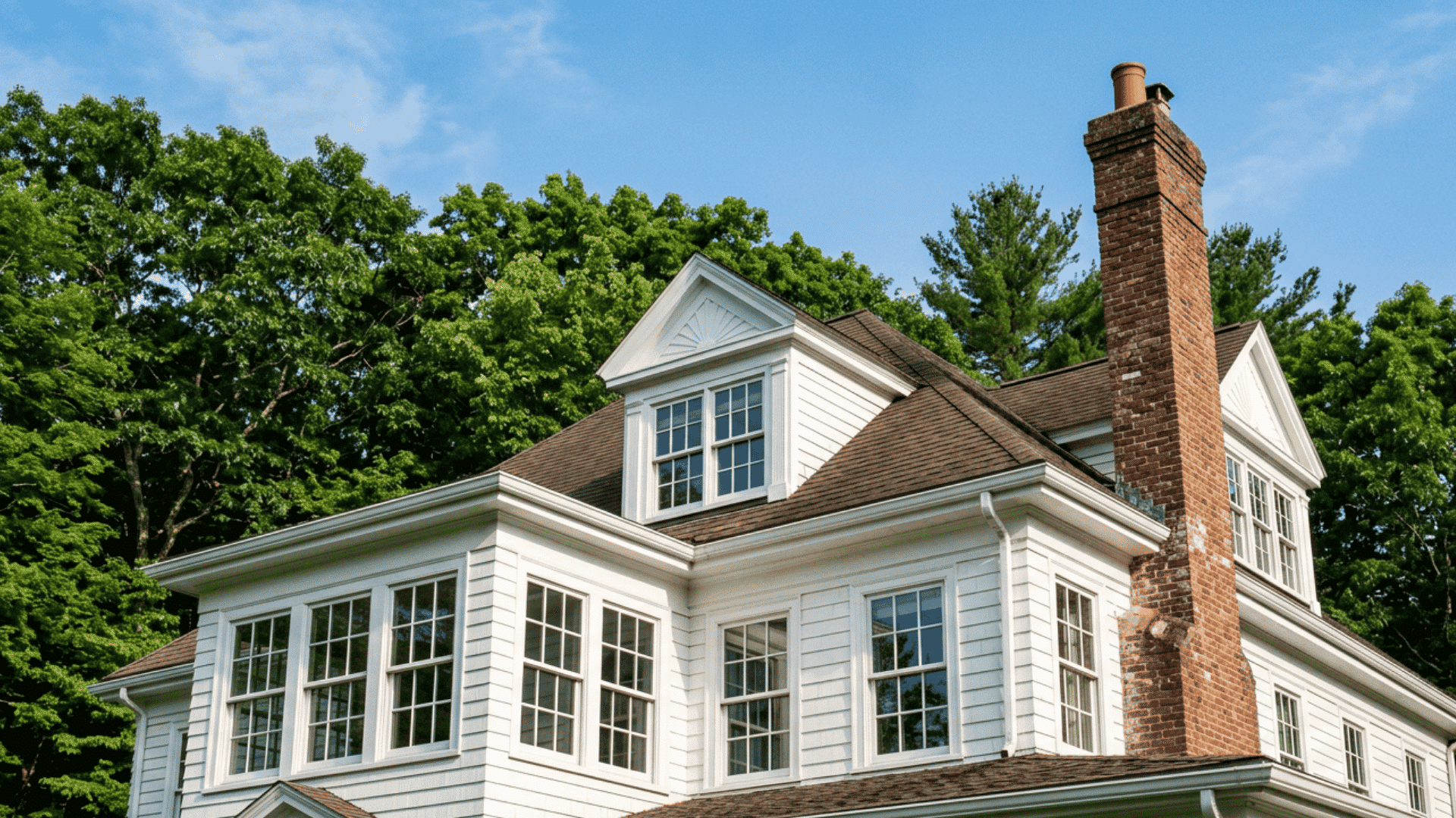 pedimented dormer with paired windows on a traditional white house roof