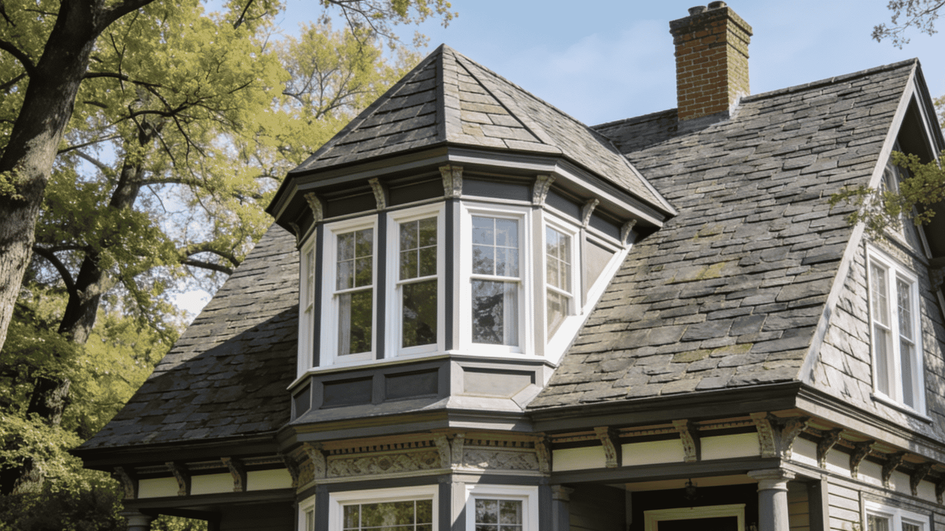 Polygonal dormer with angled sides and wraparound windows on a Victorian home