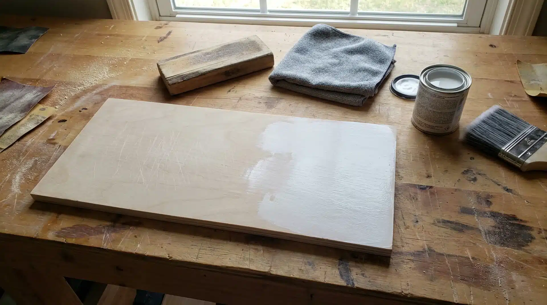 Preparing a wooden surface for acrylic paint with sandpaper, primer, brush, and cleaning cloth.