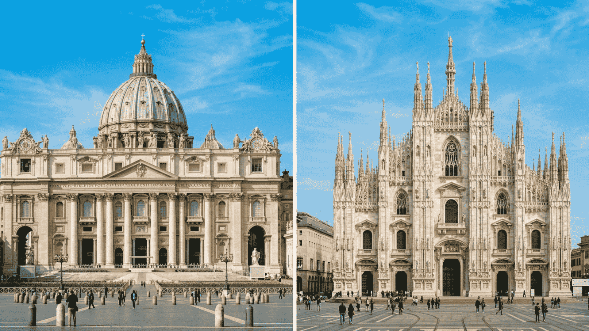 Side-by-side view of St. Peter's Basilica and Milan Cathedral showing Renaissance and Gothic styles