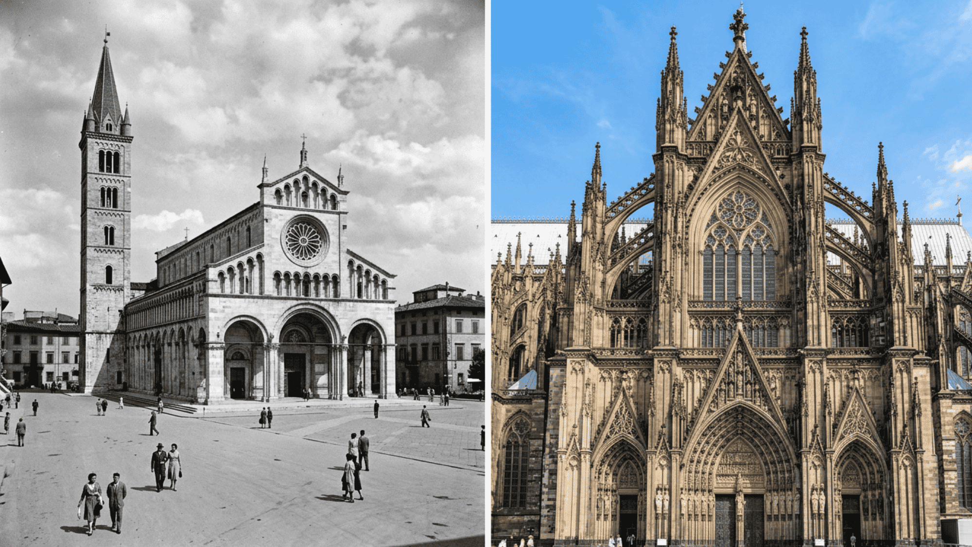 Side-by-side view of St. Peter's Basilica and Milan Cathedral showing Renaissance and Gothic styles.