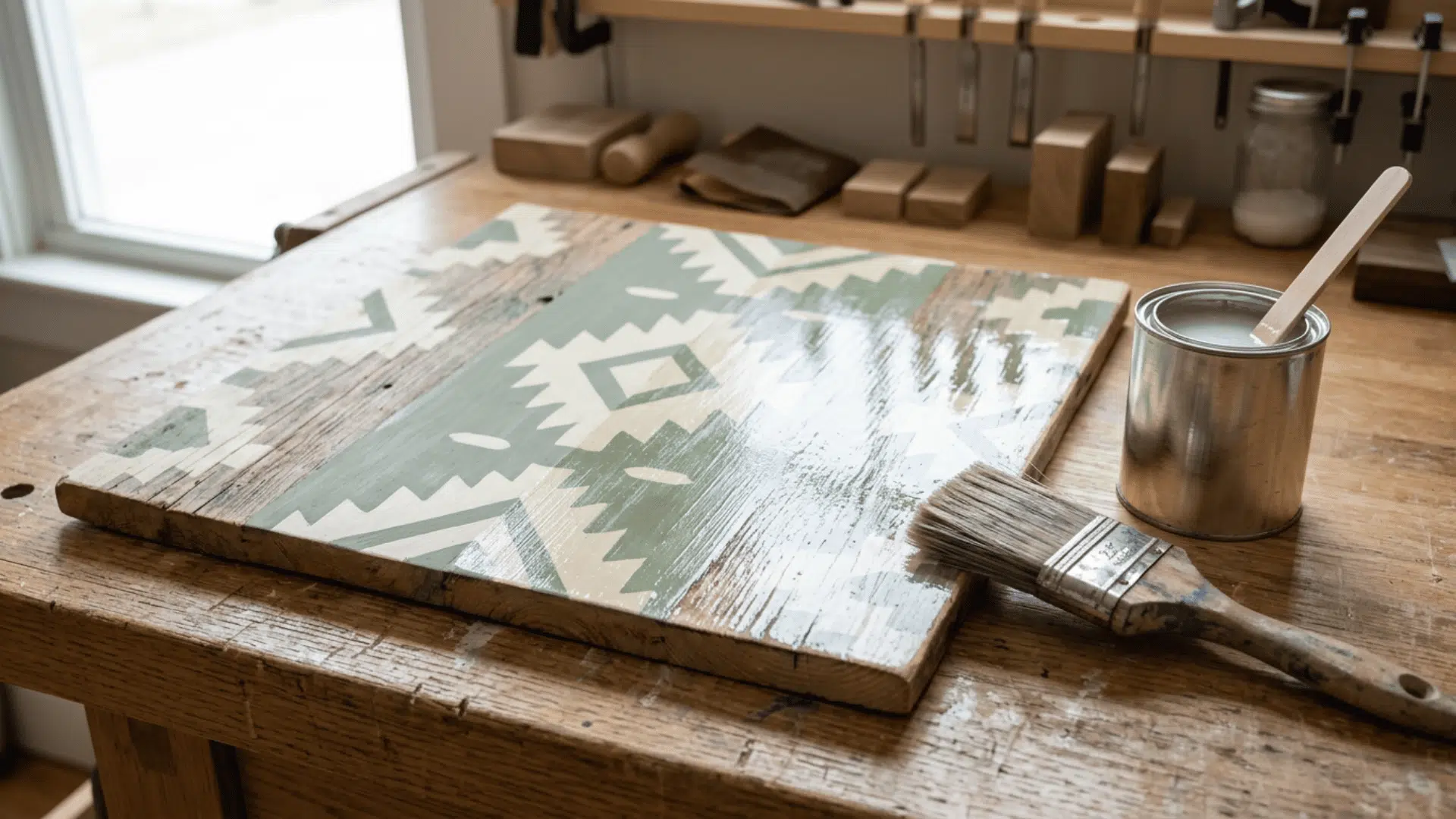 painted wooden panel with clear sealer, brush, and metal can on an old workbench