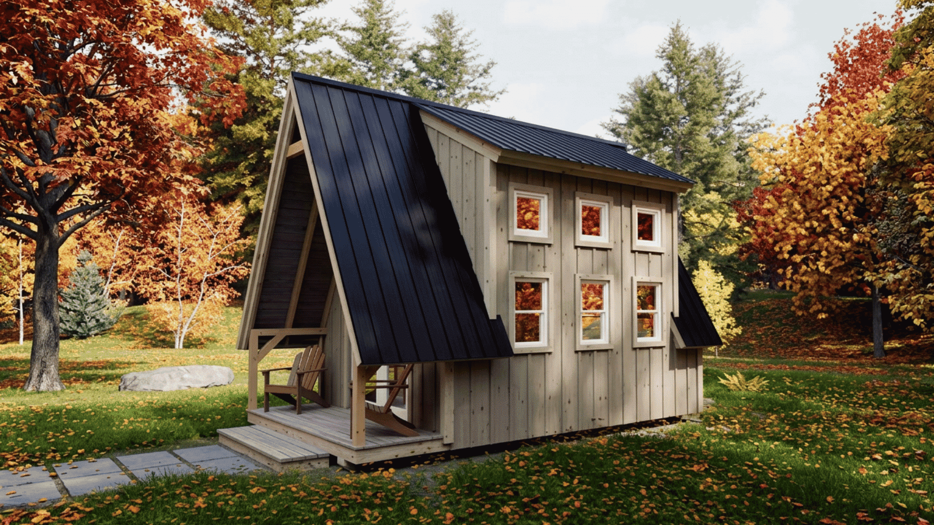 steep-roof shed dormer with six windows on a compact cabin among autumn trees