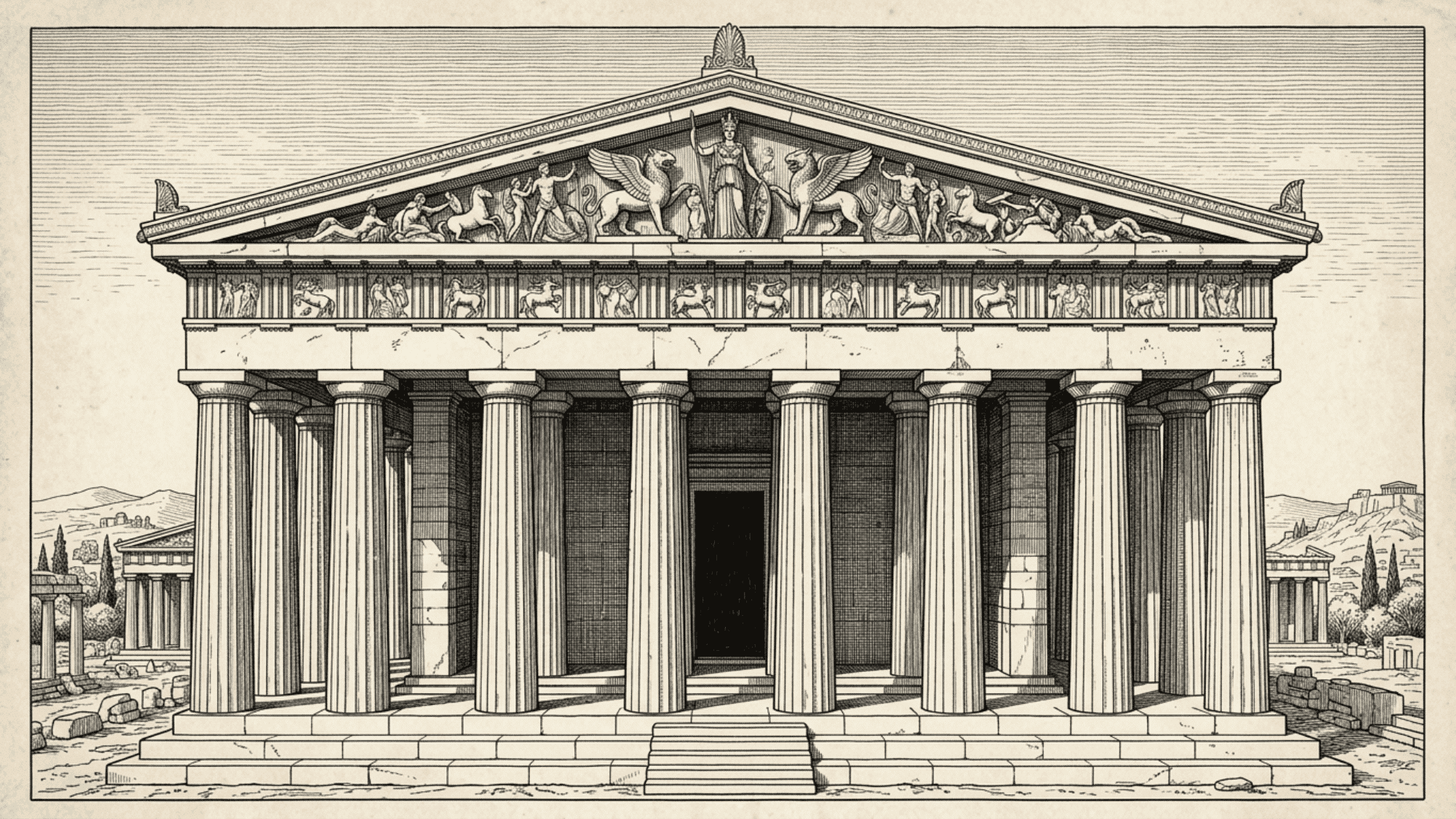 Classical Greek temple illustrating symmetry with balanced columns, detailed friezes, pediment sculptures, and architectural proportions.