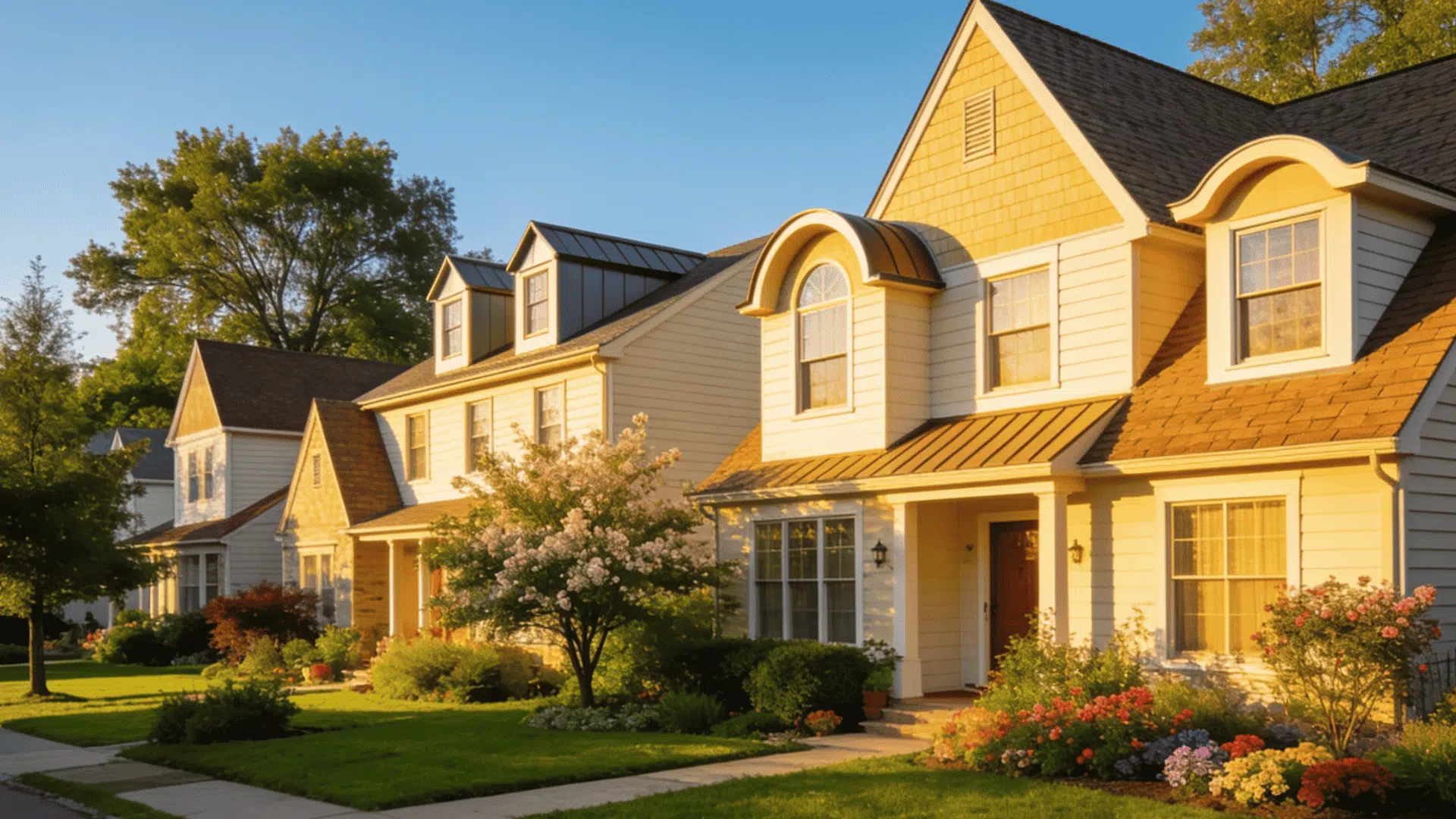Row of two-story suburban houses bathed in golden sunlight, featuring green lawns and colorful flower beds.